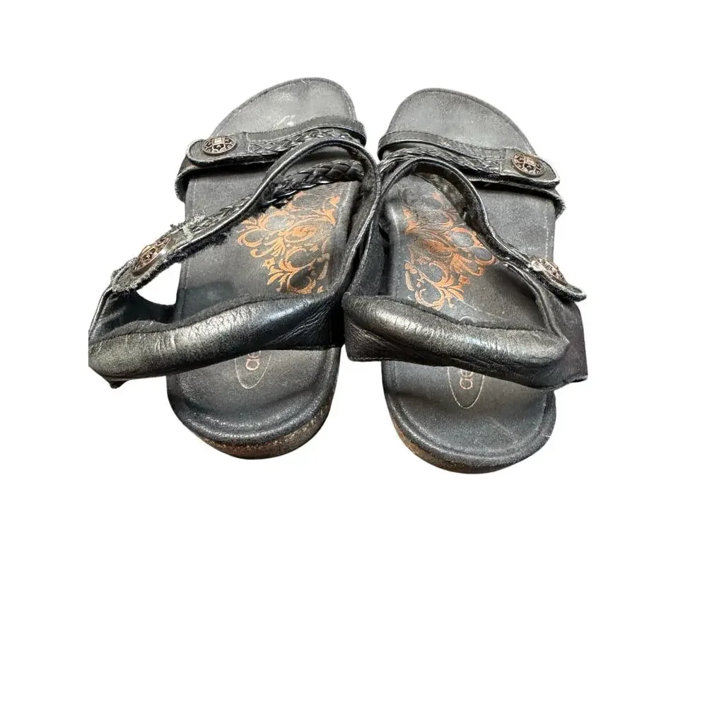 Aetrex Black‎ Leather Braided Strappy Gladiator Style Sandals